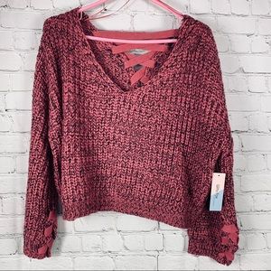 New Witty Fox Cropped Sweater Lace Up Pink Black